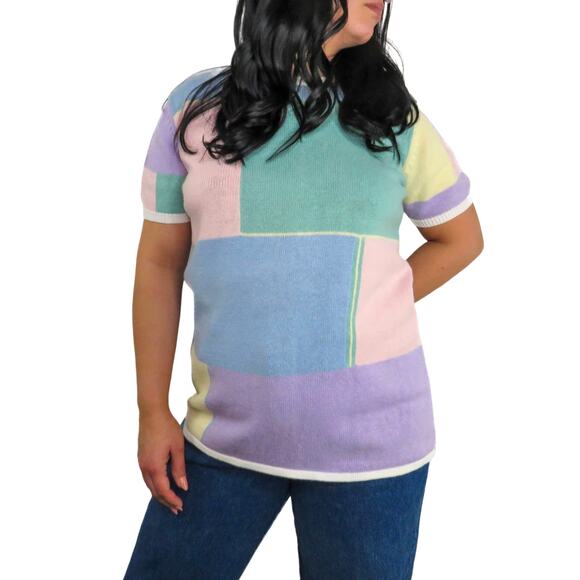 1980s Blair Pastel Color Block Short Sleeve Knit Top Large - Picture 2 of 7
